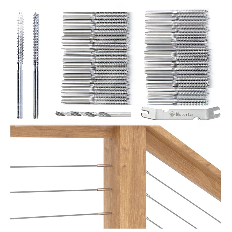 Muzata 100 Pack 1/8"" Cable Railing Hardware Kit Swage Lag Screws Left and Right Handed Thread for Wood Post T316 Stainless Steel Deck Cable Railing System 50 Pairs CK17 - Image 1
